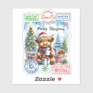 Sticker Vache des Highlands boit près d'un arbre de Noël