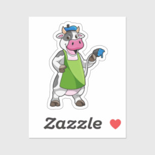 Sticker Vache en peintre avec peinture et tablier