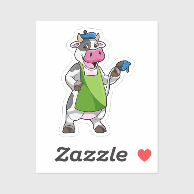 Sticker Vache en peintre avec peinture et tablier (Feuille)