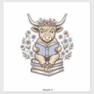 Sticker Vache Florale de Lecture Mignonne Pile de Livres D