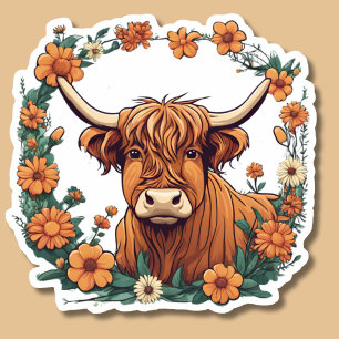 Sticker Vache Highland Aux Fleurs Bohémiennes