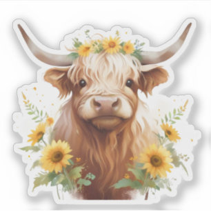 Sticker Vache Highland avec Couronne de fleurs de tourneso