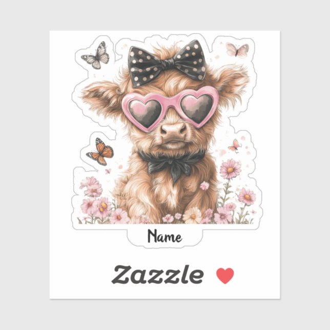 Sticker Vache Highland mignonne avec papillons et lunettes (Feuille)
