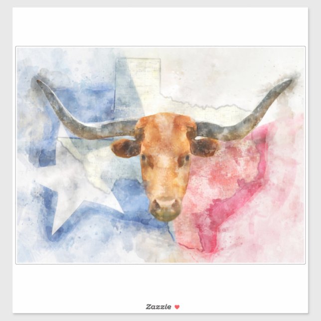 Sticker Vache Longhorn avec carte du Texas et drapeau aqua (Feuille)