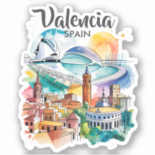 Sticker Valencia Espagne Paysage Urbain Aquarelle Voyage S