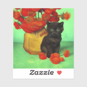 Sticker Van Gogh Black Kitten Fleurs rouges