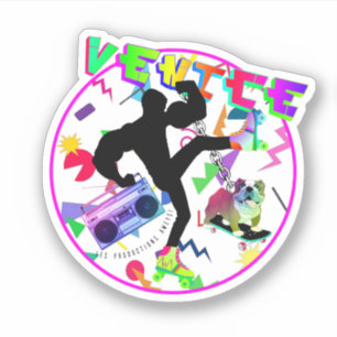 Sticker Venice Beach & English Buldog  Couleurs de néon d