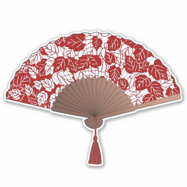 Sticker Ventilateur japonais en papier feuille, rouge fonc (Devant)