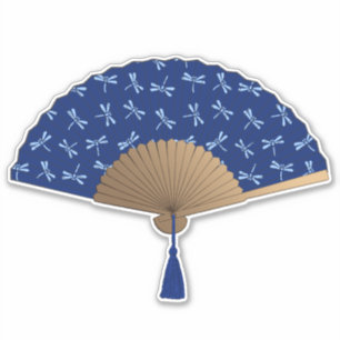Sticker Ventilateur japonais, Motif de libellules, bleu Co