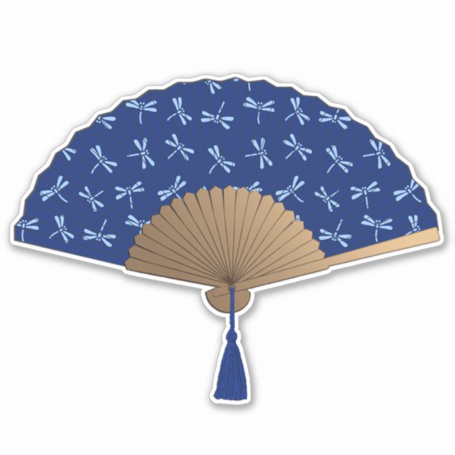 Sticker Ventilateur japonais, Motif de libellules, bleu Co (Devant)