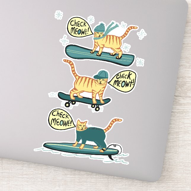 Sticker VÉRIFIEZ MEOWT ! Tabby Cat Skateboard Surf Snowboa (Détail)