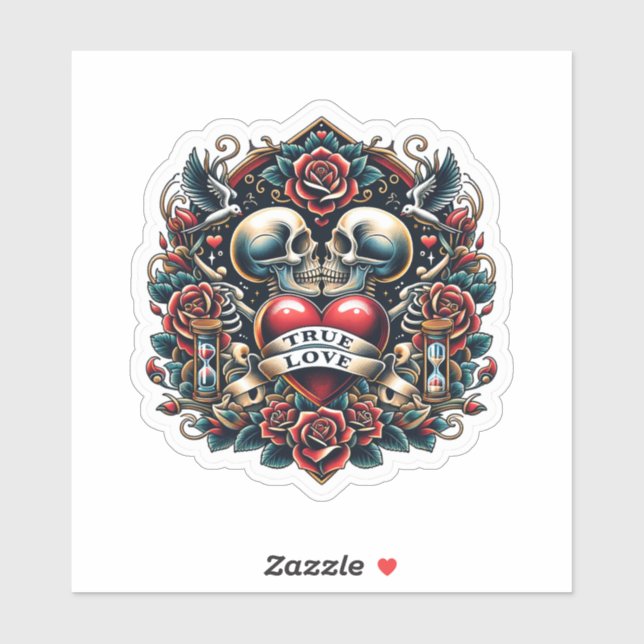 Sticker Véritable amour Skeleton Coeur Tatouage Look (Feuille)