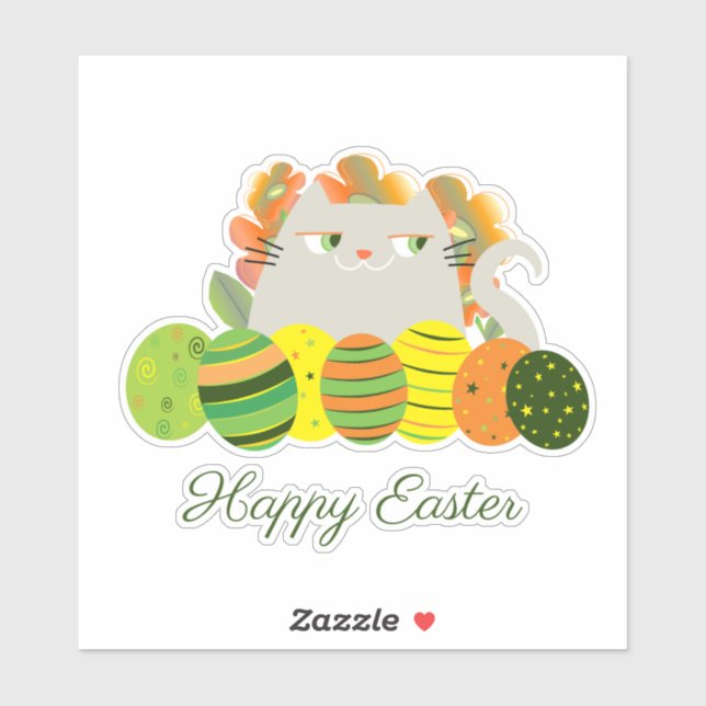Sticker Vert et Orange Drôle Mignonne Chat Joyeux Pâques (Feuille)