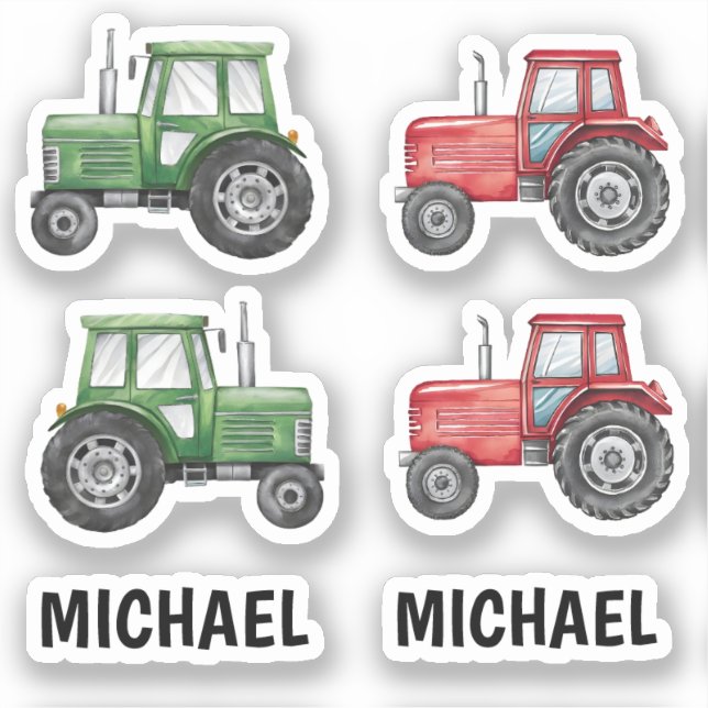 Sticker Vert rouge tracteur ferme aquarelle personnalisée (Recto)
