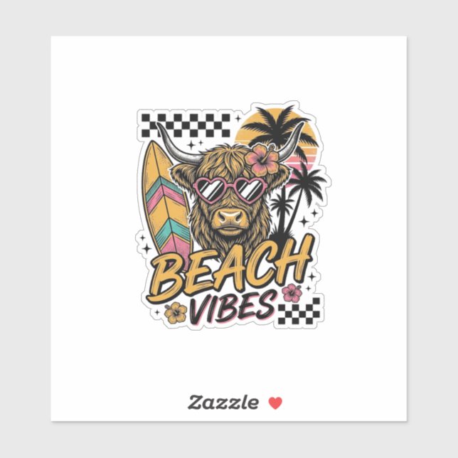 Sticker Vibes de plage vache highland été art vectoriel_1 (Feuille)