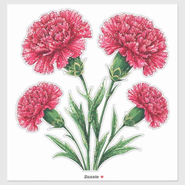 Sticker Vibrant Pink Carnations With Green Stems (Feuille)