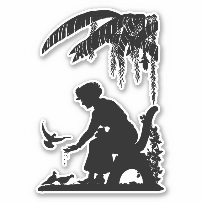 Sticker Vielle Femme nourricière Oiseaux Silhouette art (Devant)