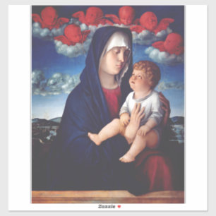 Sticker Vierge Marie avec Bébé Jésus et les chérubins roug