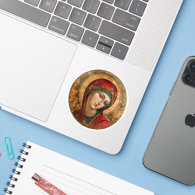 Sticker Vierge Marie Religieux Christian Vinyl (Ordinateur portable avec iPhone)