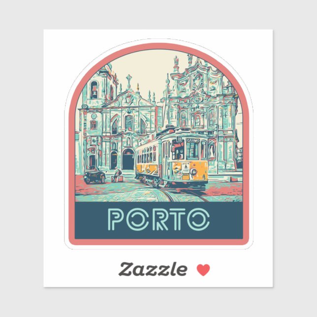 Sticker Ville de Porto avec tramway illustration Portugal (Feuille)