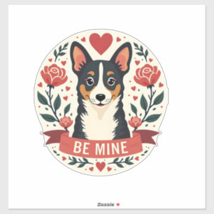 Sticker Vintage Be Mine Corgi Saint-Valentin Floral Art Po