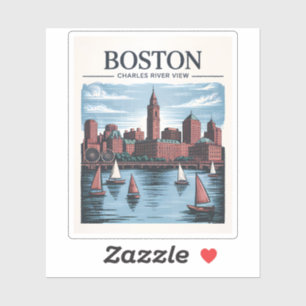 Sticker Vintage Boston Massachusetts Cityscape & Voiliers