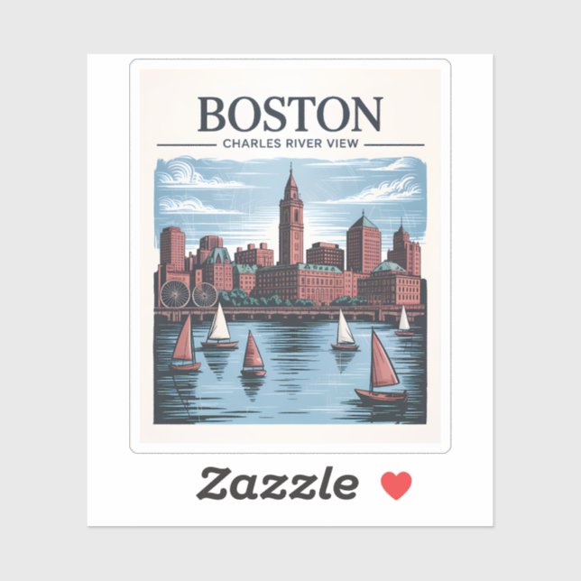 Sticker Vintage Boston Massachusetts Cityscape & Voiliers (Feuille)