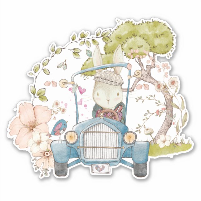 Sticker Vintage Car Cute Bunny Botanique Baby boy (Devant)