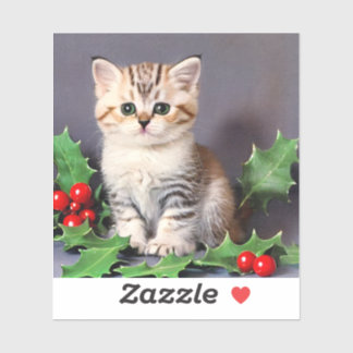 Sticker Vintage Christmas Kitten et Holly