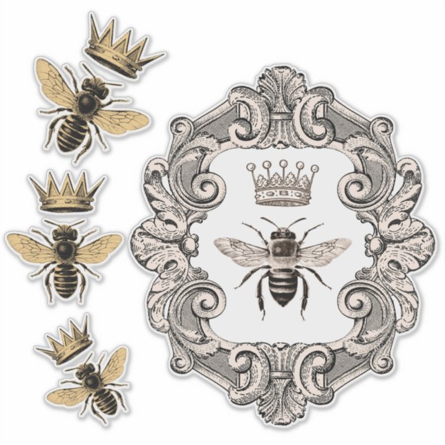 Sticker Vintage Crowned Bees Vinyl Decals (Devant)