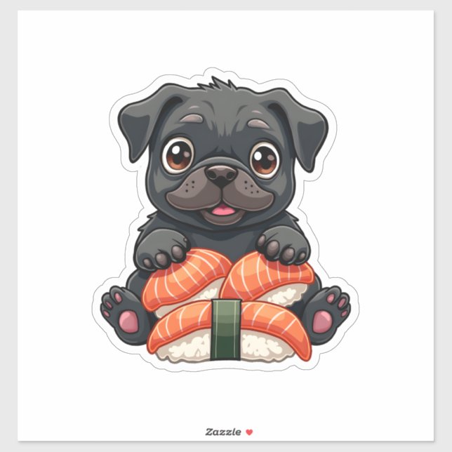 Sticker Vintage Cute Black Pug Sushi Cartoon Vector Illust (Feuille)
