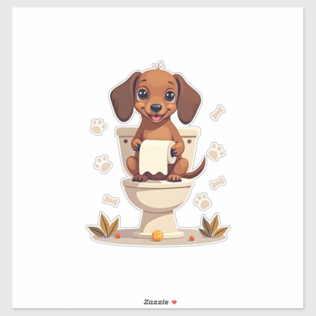 Sticker Vintage Cute Dachshund on Toilet Cartoon Bathroom  (Feuille)