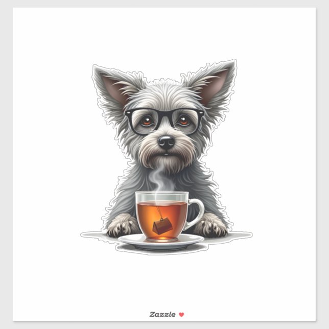 Sticker Vintage Dog Holding Tea with Glasses Retro Pet Ill (Feuille)