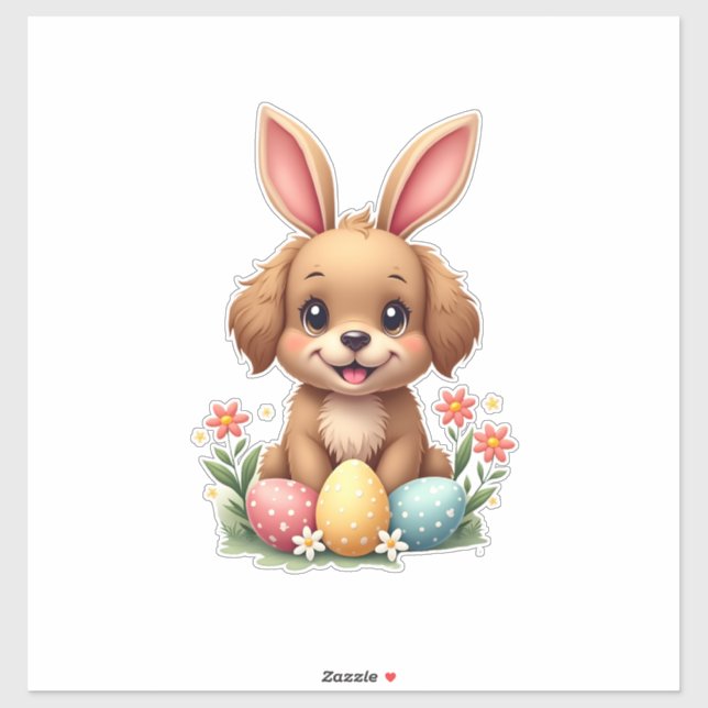 Sticker Vintage Easter Bunny Dog Cute Puppy Illustration w (Feuille)