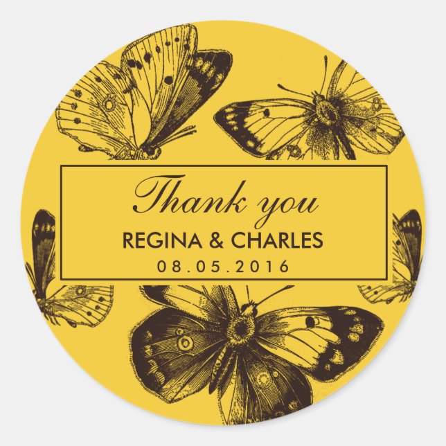 Sticker vintage Mariage papillon jaune Merci (Devant)