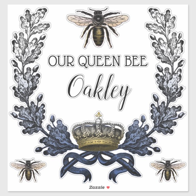 Sticker Vintage Moderne Marine Blue Queen Bee Baby Nursery (Feuille)