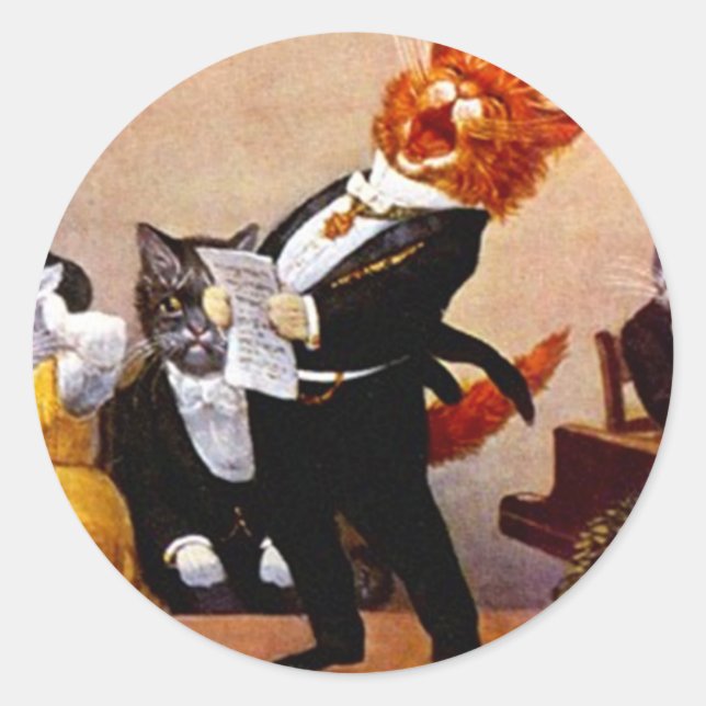 Sticker Vintage Musical Soiree Singing Cat Concert (Front)