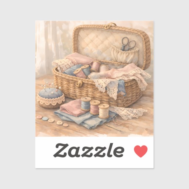 Sticker Vintage Sewing Basket Cottagecore Pastel (Feuille)