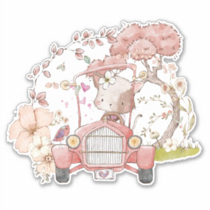 Sticker Vintage Voiture Cute Chat Foliage Bébé fille