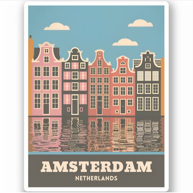 Sticker Vintage voyage Amsterdam Pays-Bas Canal Maisons (Devant)