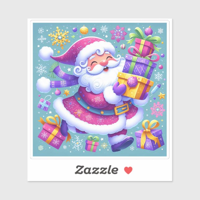 Sticker Violet Père Noël Apporte Joyeusement Des Cadeaux (Feuille)