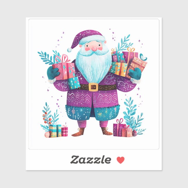 Sticker Violet Père Noël Avec Cadeaux Colorés (Feuille)
