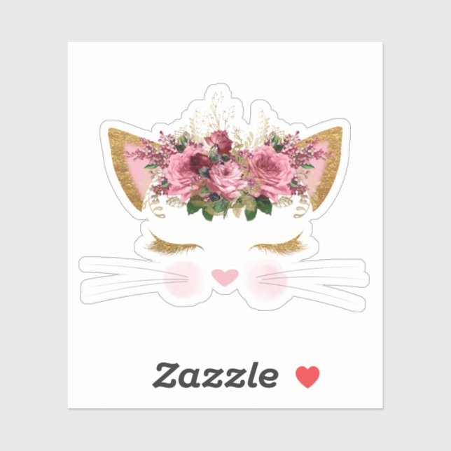 Sticker Visage de chat mignon avec Fleurs roses Vinyl (Feuille)