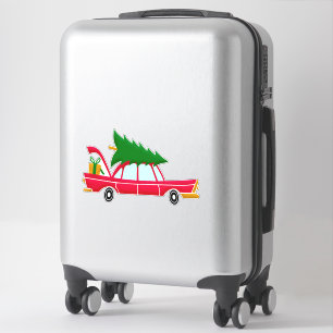 Sticker Voiture rouge rétro portant un arbre de Noël