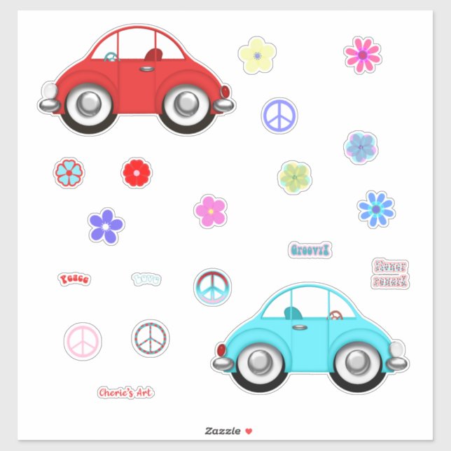 Sticker Voitures super Peace Love and Flowers (Feuille)