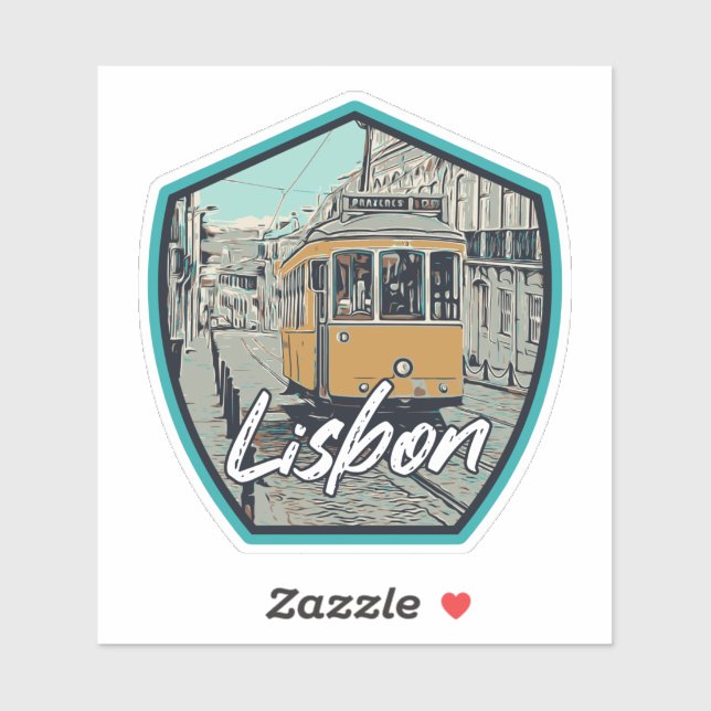 Sticker Vue de la ville de Lisbonne et illustration du tra (Feuille)