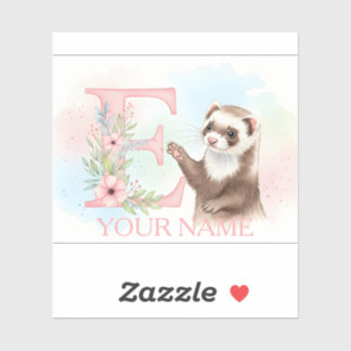 Sticker Watercolor Ferret with Floral Letter E Monogram