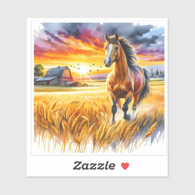 Sticker Watercolor Horse in Wheat Field (Feuille)