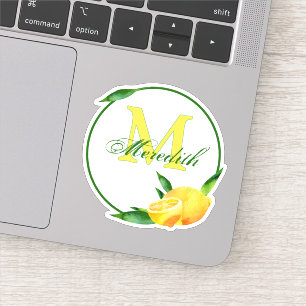 Sticker Watercolor Lemons monogram & Name Green + Yellow