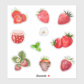 Sticker Watercolor Strawberry Fruit, Jam and Flowers 